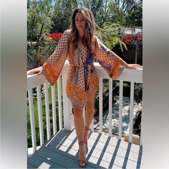 12th Tribe Multi-Color Paisley Mini Dress - Beige, Orange, Purple - Picture 10 of 13